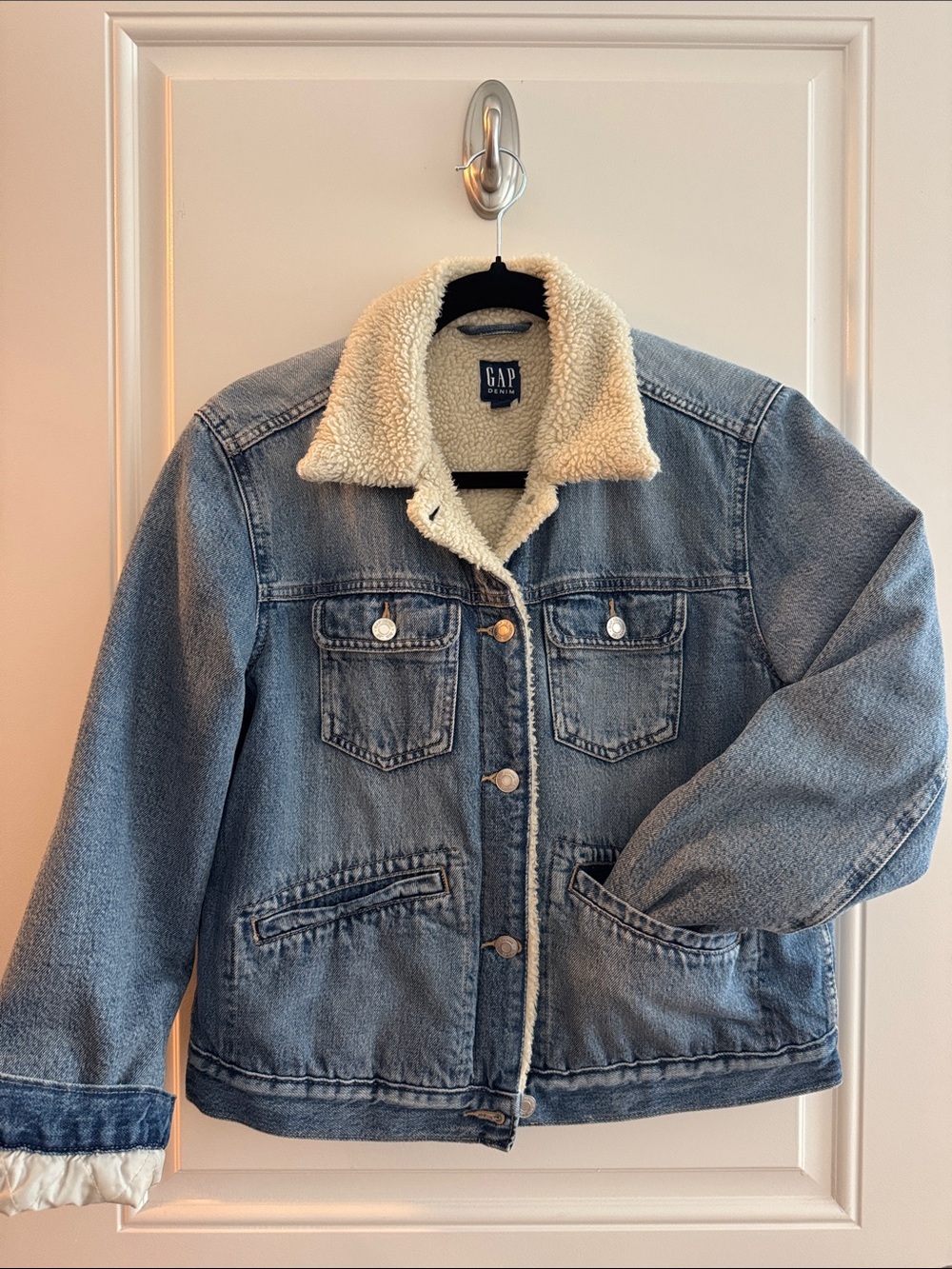 GAP Blue Denim Jacket with Cream Sherpa Collar